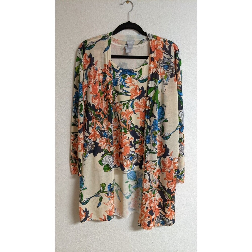CHICO'S Floral Print Cotton Blend 2-Piece Shell and Long Duster Sweater M
